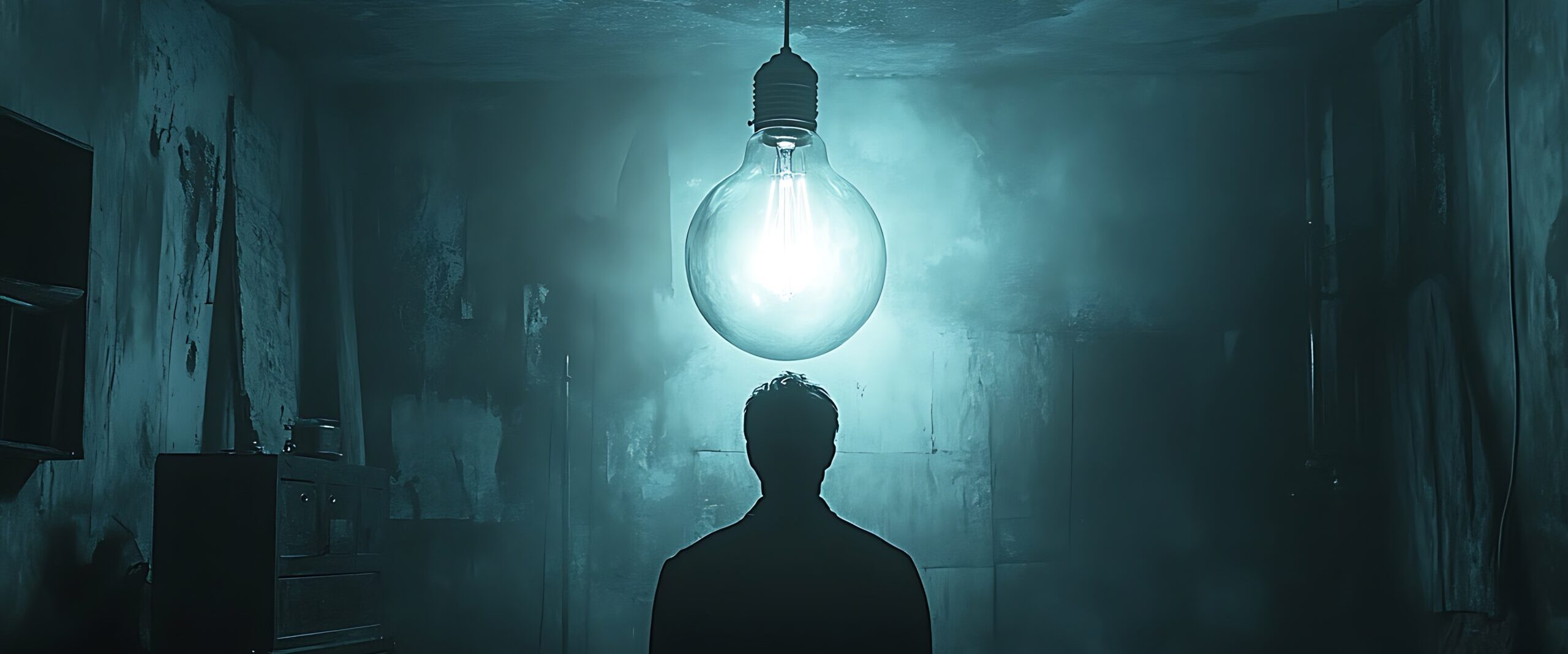 Shadowed figure under glowing bulb, contemplating darkness and enlightenment