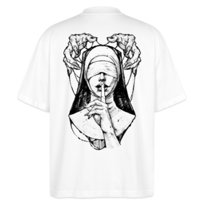 Spiritueel t-shirt oversized fit witte kleur met non-print, geblinddoekt en zwijgend, symboliek ontwaken, gemaakt van biologisch katoen.