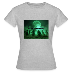 Grijs gemêleerd dames T-shirt met Girls Will Be Girls print van dansende heksen onder een grote volle maan in een donkere, mystieke setting.