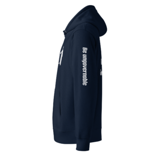 Marine unisex hoodie met capuchon en tekst 'Be ungovernable' op de mouw — Government Govern The Mind statement hoodie in biologisch katoen