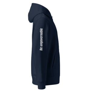 Marine unisex hoodie met capuchon en tekst 'Be ungovernable' op de mouw — Government Govern The Mind statement hoodie in biologisch katoen