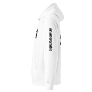 Witte unisex hoodie met capuchon en tekst 'Be ungovernable' op de mouw — Government Govern The Mind statement hoodie in biologisch katoen.